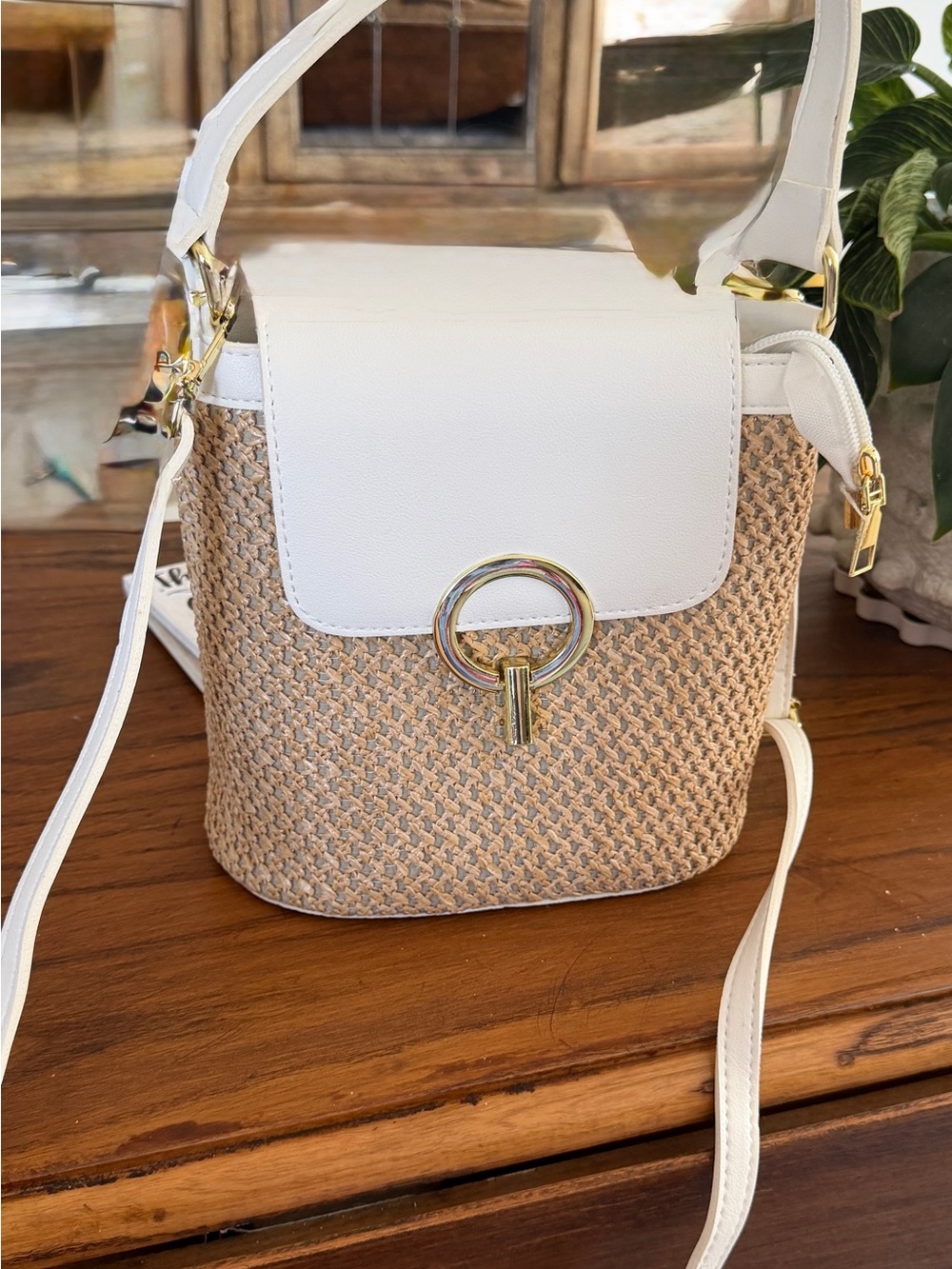 Neutral Woven Bucket Bag with White Trim and Gold Ring Accent